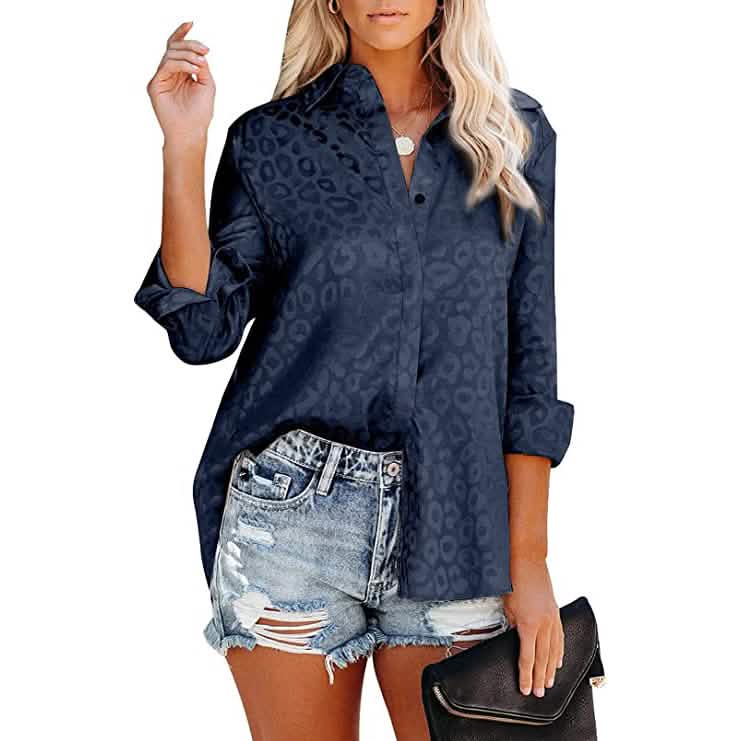 Women's V Neck Satin Embossed Roll Up Cuff Button Shirt Top DailySale