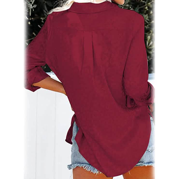 Women's V Neck Satin Embossed Roll Up Cuff Button Shirt Top DailySale