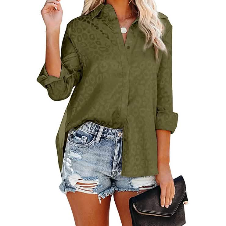 Women's V Neck Satin Embossed Roll Up Cuff Button Shirt Top DailySale