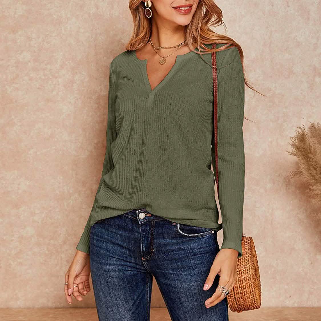 Women's V Neck Waffle Knit Henley Tops DailySale