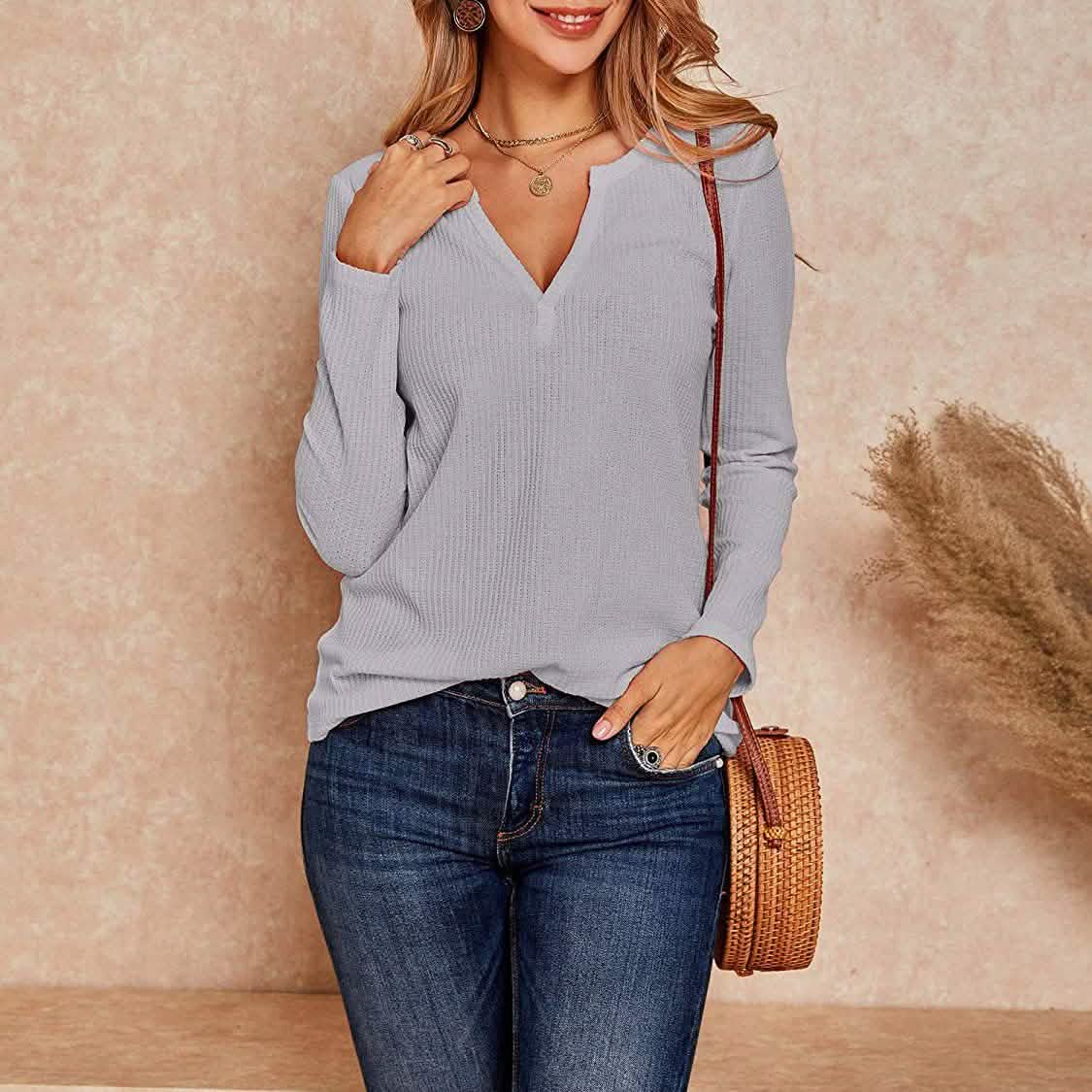 Women's V Neck Waffle Knit Henley Tops DailySale