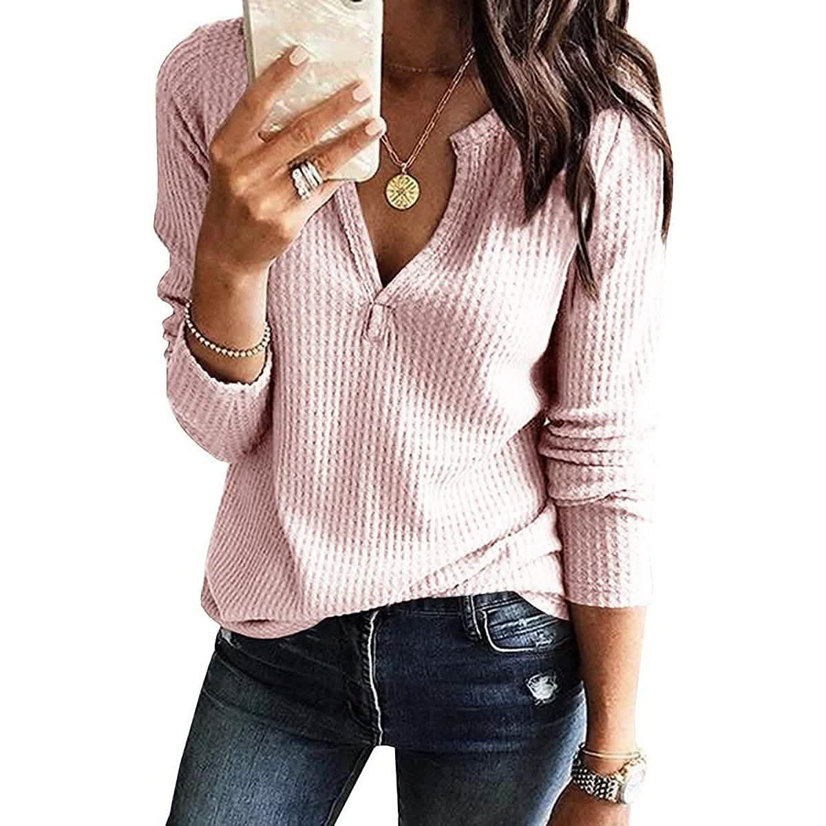 Women's V Neck Waffle Knit Henley Tops DailySale