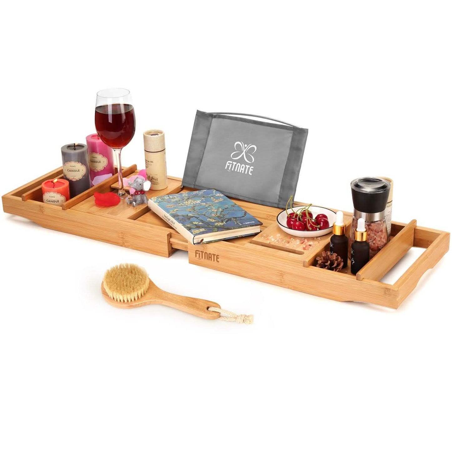 Wooden Bathtub Tray with Wine Glass Slot Phone Tray Book Holder DailySale