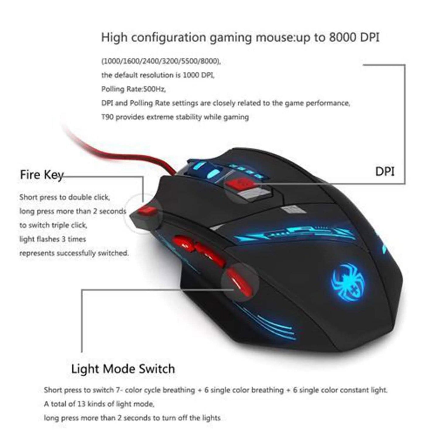 Zelotes 8000 DPI 8 Button USB LED Light Optical Wired Gaming Mouse DailySale
