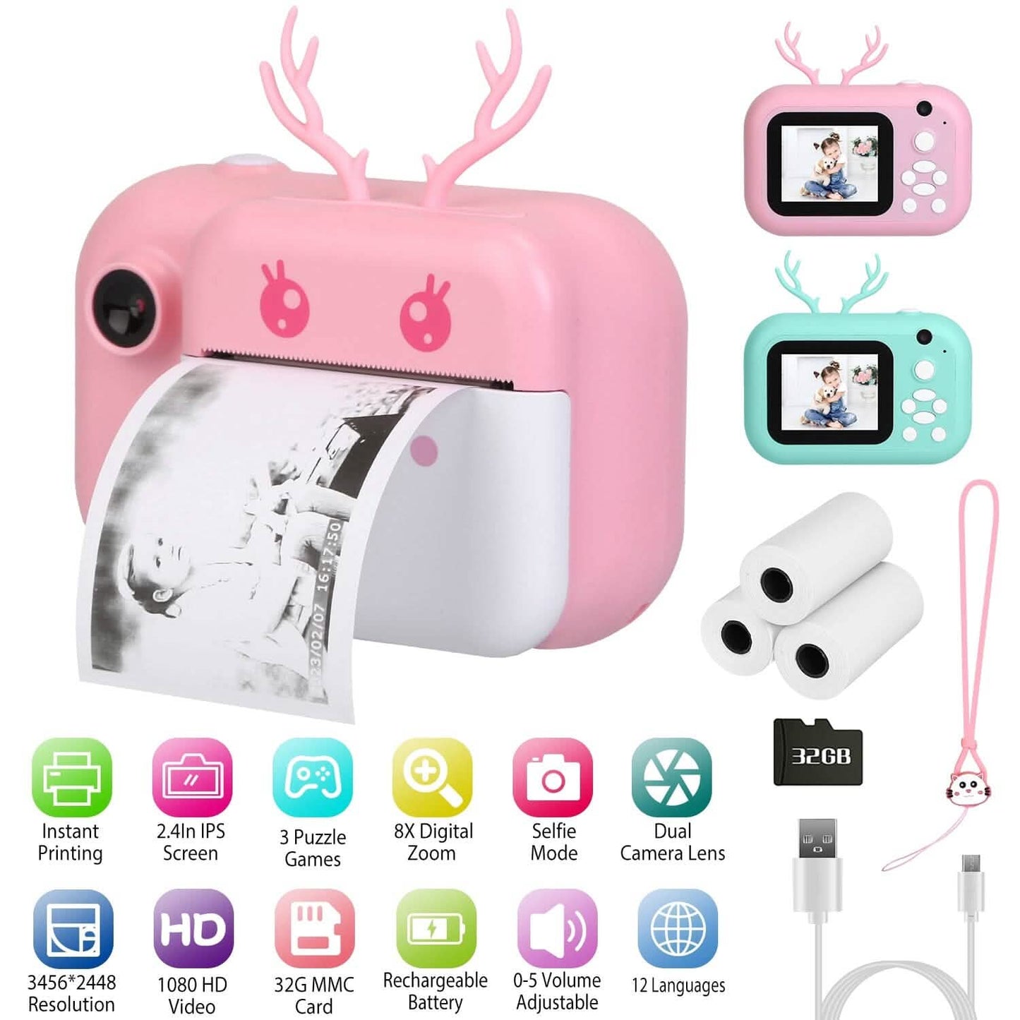 Zero Ink Selfie Camera 1080P HD Video Recorder with Dual Lens 3 Roll Print Papers DailySale