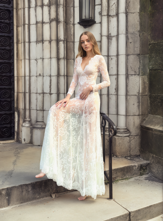 Luxury Long Sleeve Lace Sheer Robe Dress | Bridal Getting Ready & Boudoir Gown SelenaHuanStudio