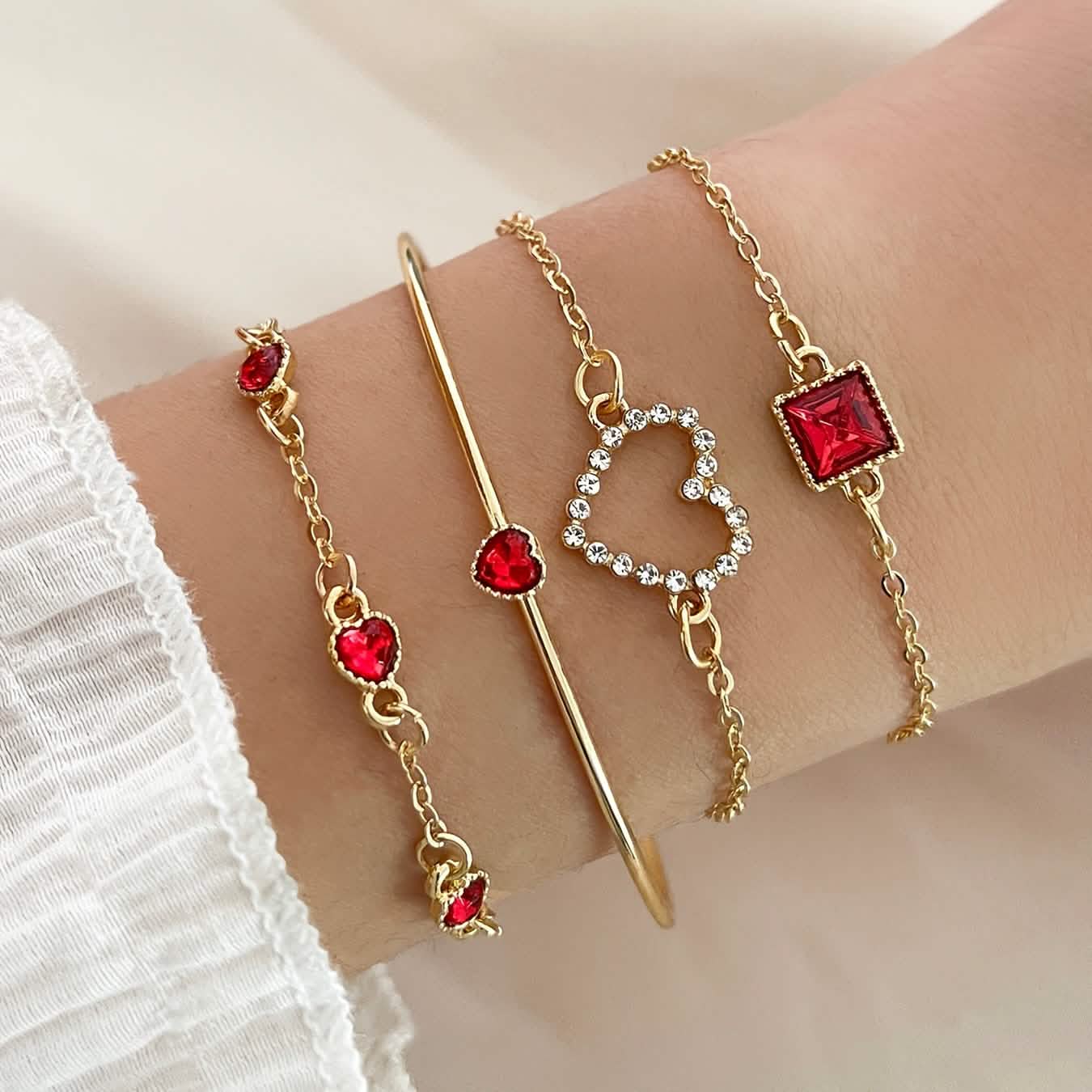 4pcs Rhinestone Alloy Bracelet Set – Minimalist Heart & Square Design DailySale