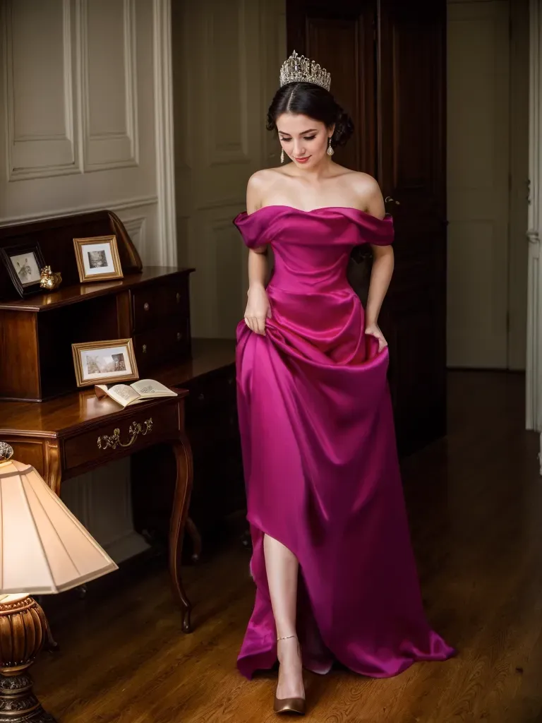 Radiant Fuchsia Off-Shoulder Satin Gown with Elegant Train SelenaHuanStudio