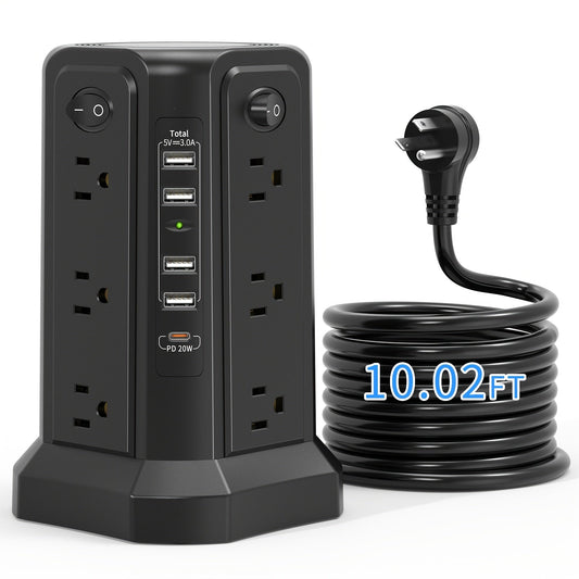Surge Protector Tower 1800J with 4 USB A Ports, USB C (PD18W) Port, 12 AC Outlets and 10FT Cord DailySale