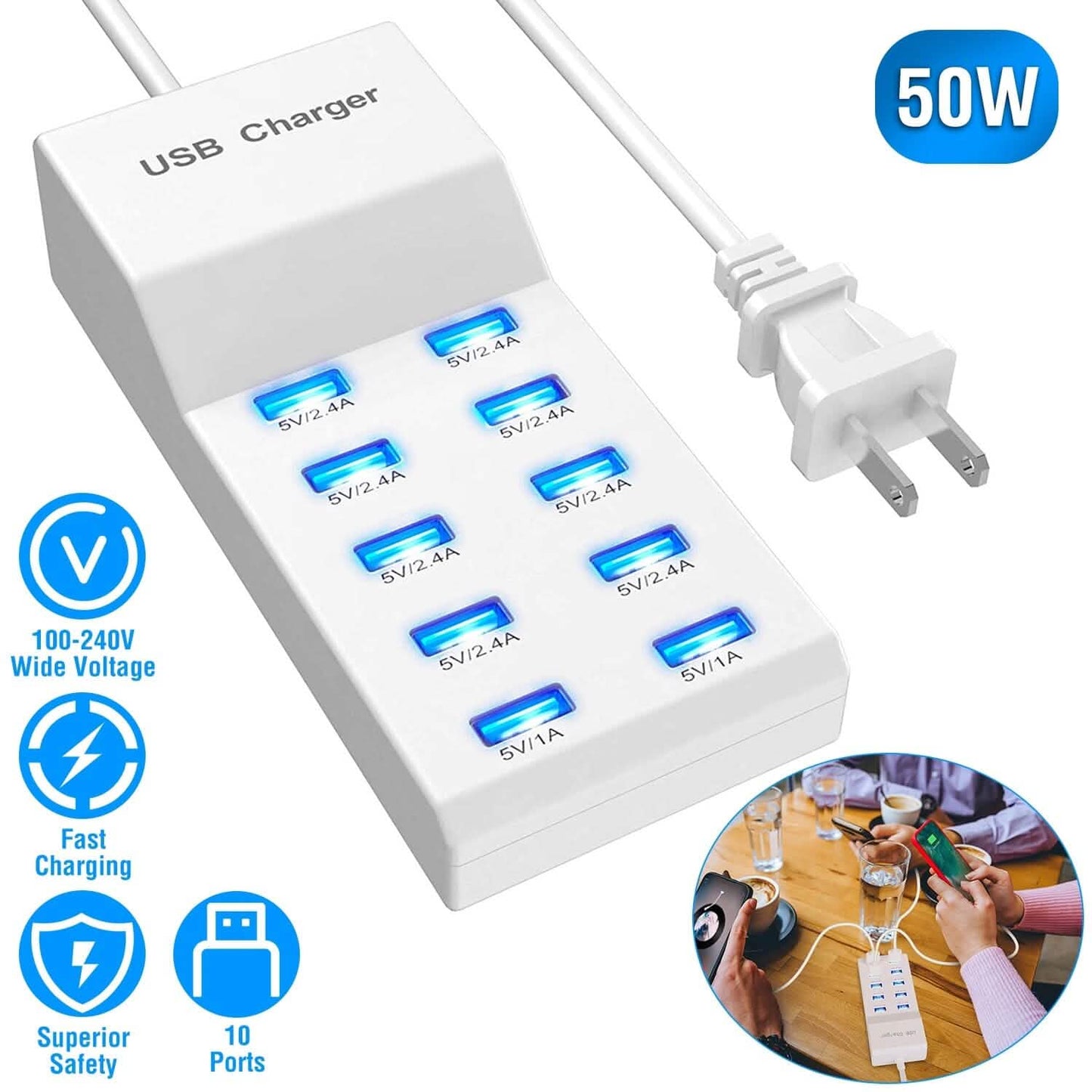 10-Ports 50W USB Wall Fast Charging Power Adapter DailySale