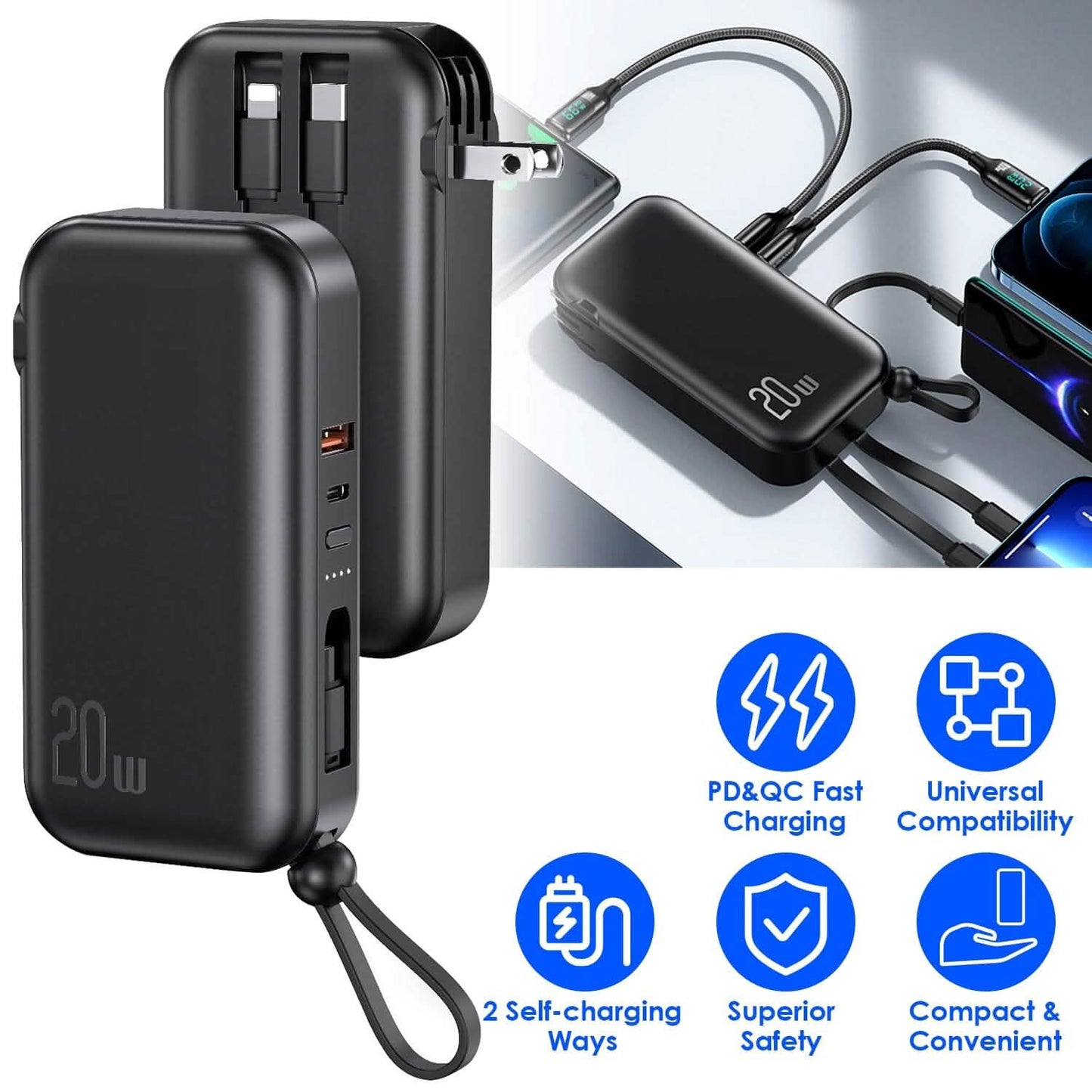 10000mAh Portable Charger with US Plug 3 Inbuilt Cables DailySale