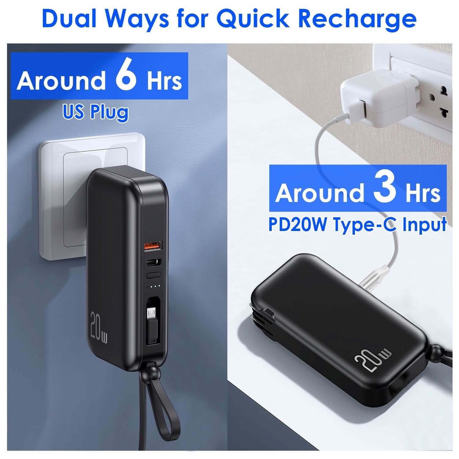 10000mAh Portable Charger with US Plug 3 Inbuilt Cables DailySale