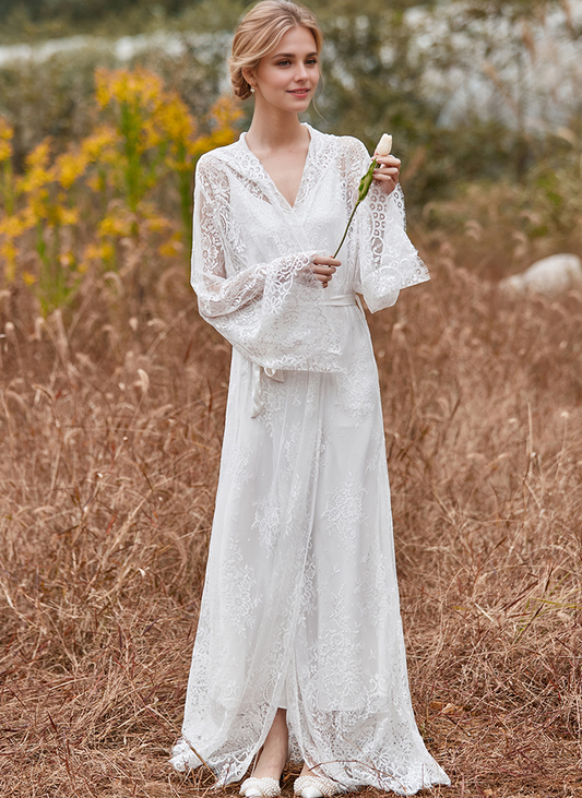 Romantic Floral Lace Hooded Bridal Robe Set – Long Sheer Lace Cover-Up with Satin Slip SelenaHuanStudio