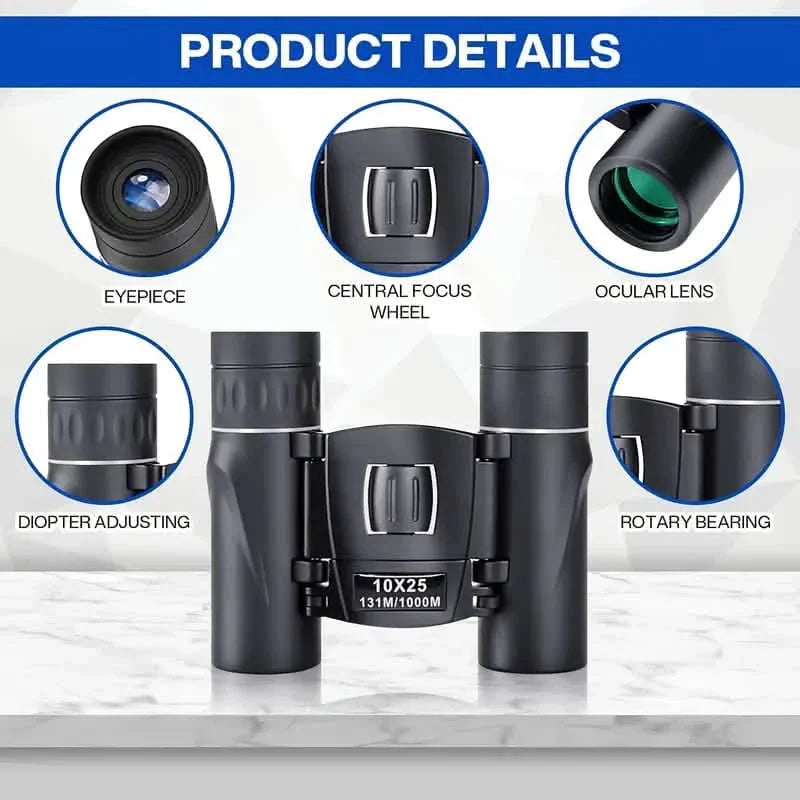 High Powered Mini Pocket Binoculars 10x25 with Phone Adapter – Compact, Lightweight, Portable – Black DailySale