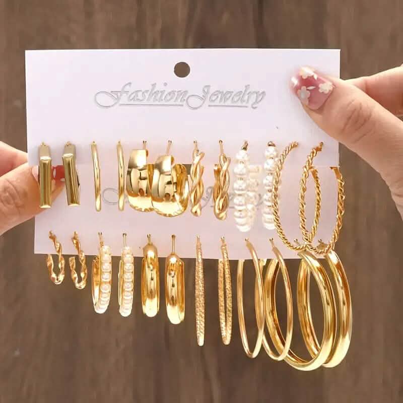 12-Pairs: Gold Hoop Earrings with Faux Pearl Decor Set DailySale