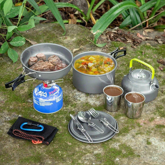 12-Piece: ODOLAND Camping Cookware Mess Kit with Mini Stove DailySale