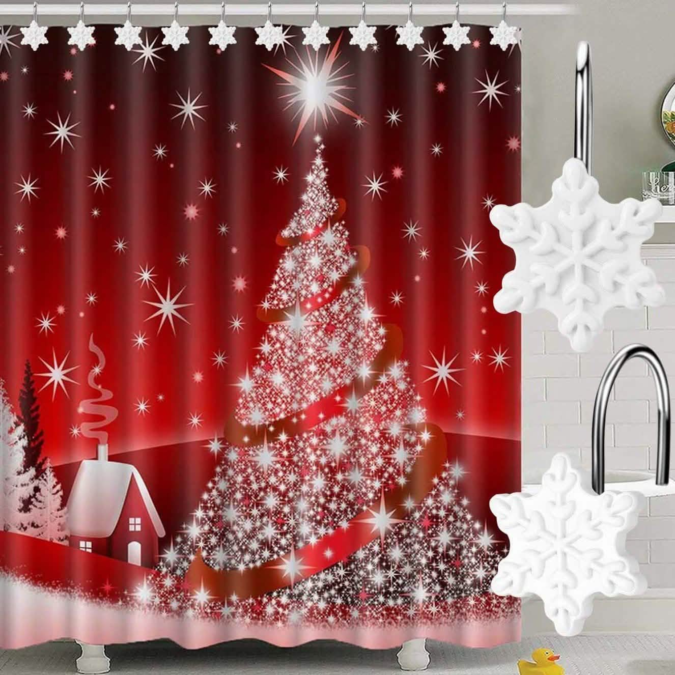 12-Pieces: Christmas Shower Curtain Anti-Rust Hooks DailySale