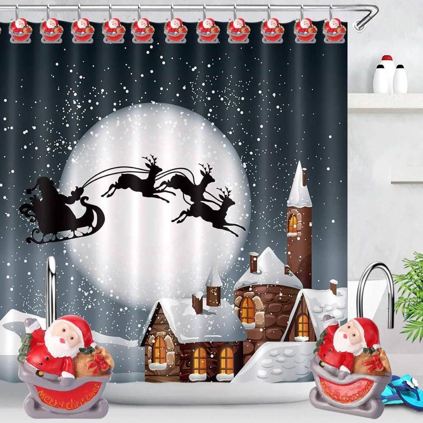 12-Pieces: Christmas Shower Curtain Anti-Rust Hooks DailySale