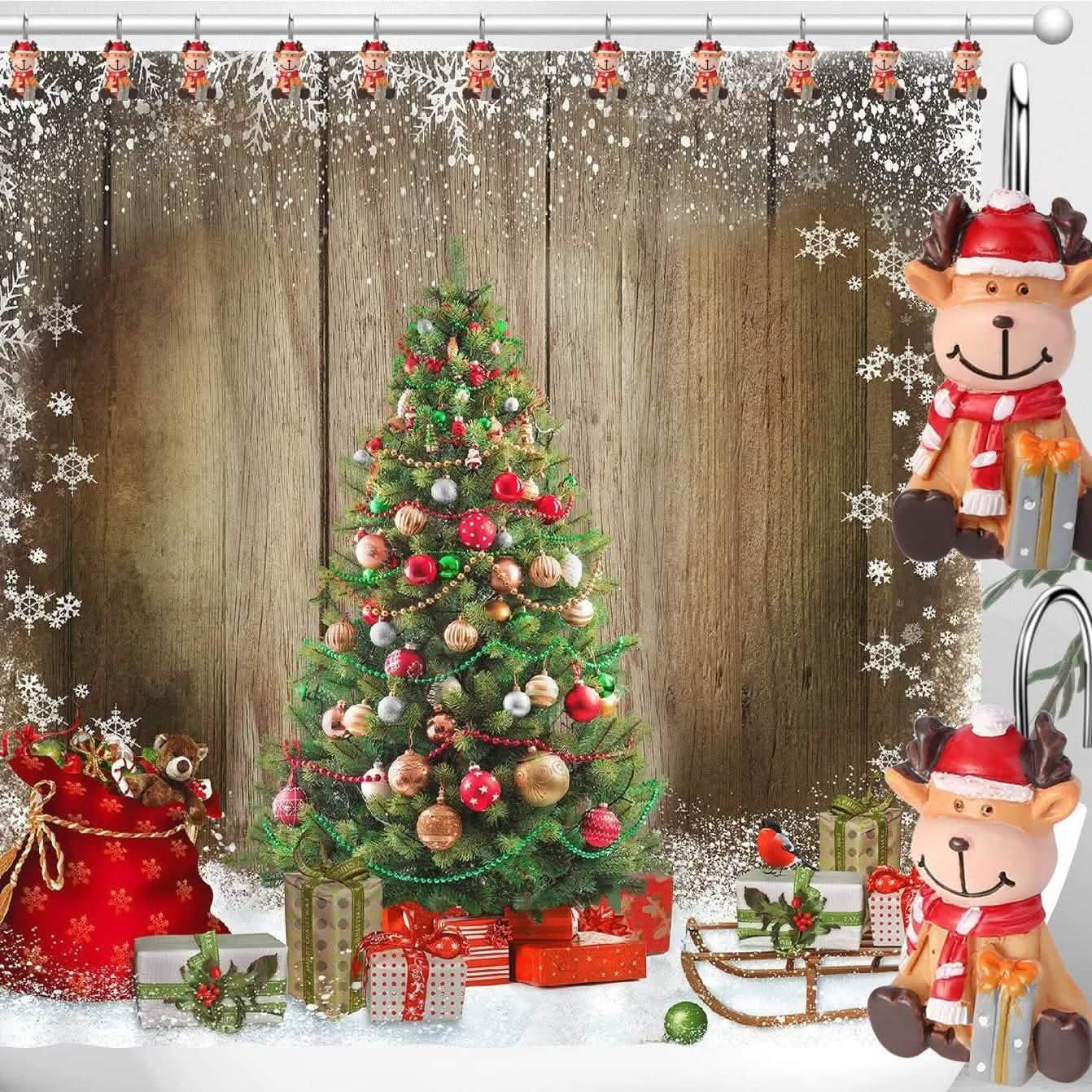12-Pieces: Christmas Shower Curtain Anti-Rust Hooks DailySale