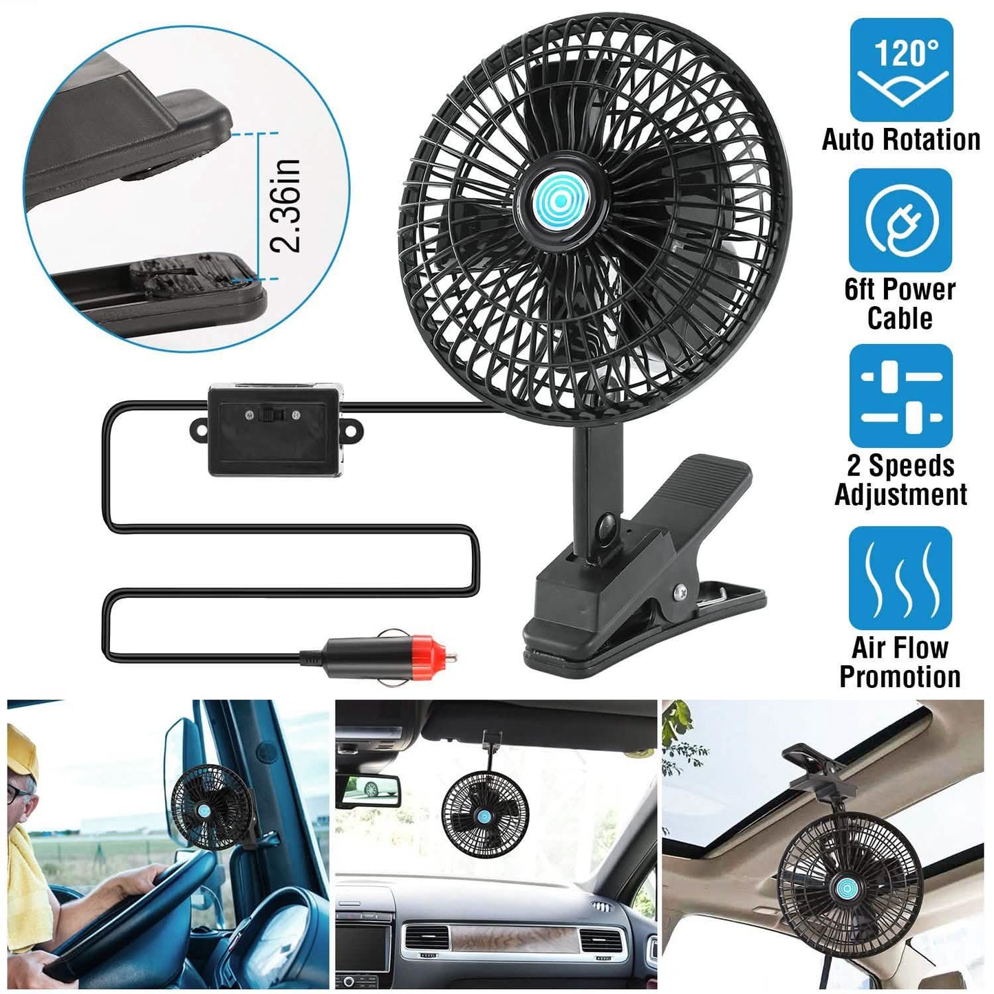 12V Car Fan Oscillating Clip on Cooling Fan with 2 Speeds 120° Rotation DailySale