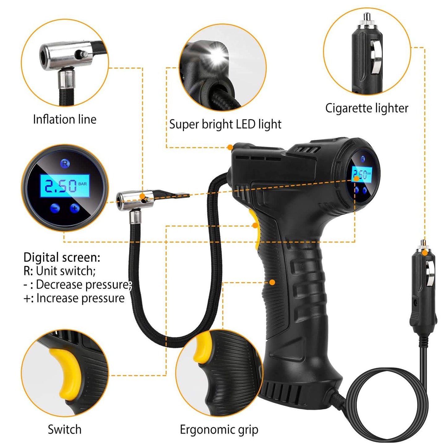 12V Digital Car Tire Inflator with LED Light 150 PSI DailySale