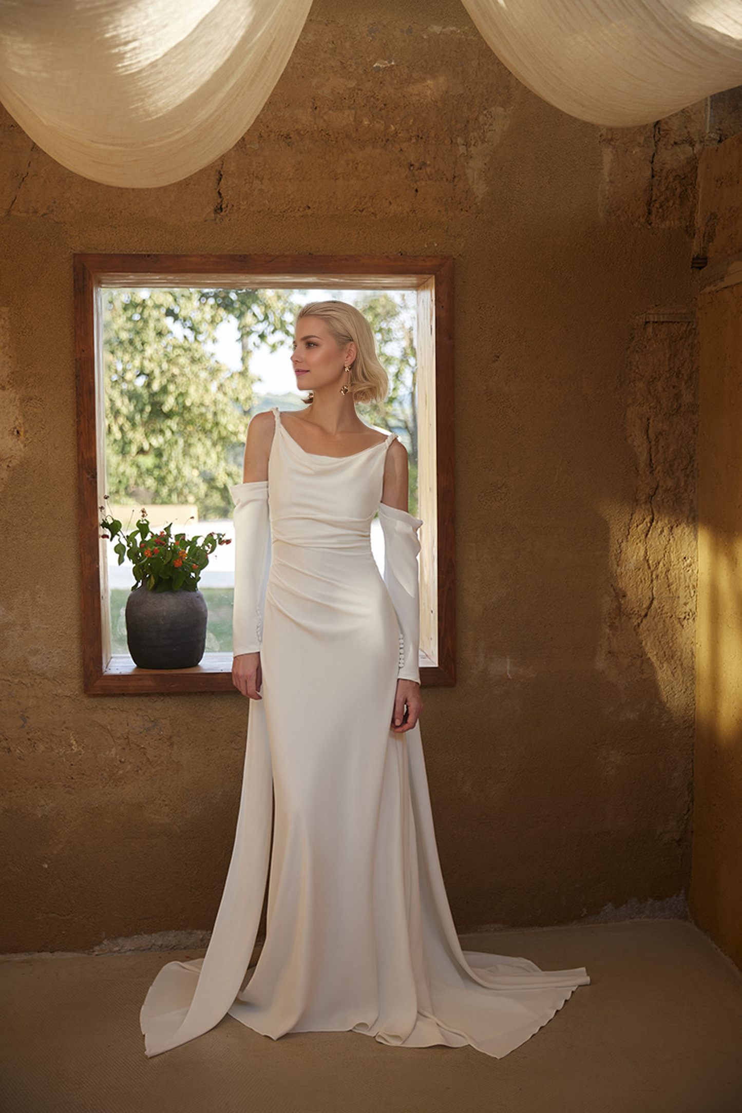Minimalist Off-Shoulder Satin Wedding Gown with Detachable Sleeves and Elegant Train SelenaHuanStudio