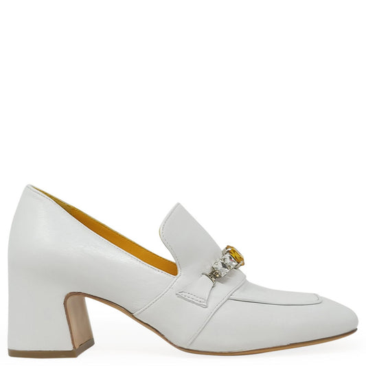 White Leather Mid Heel Jeweled Loafer Madison Maison