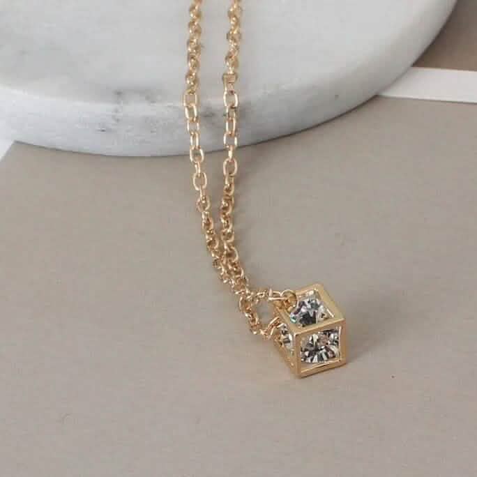 14K Gold Love Cube Three-Dimensional Diamond Shape Necklace Cz Pendant DailySale