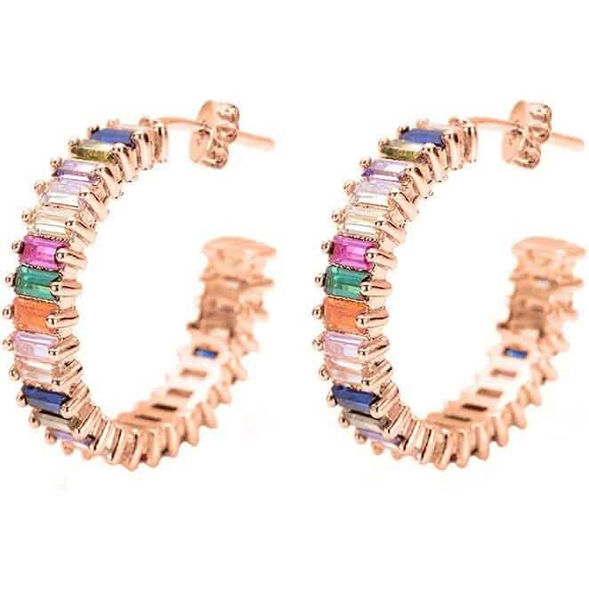 14K Gold Plated Cubic Zirconia Multicolor Rainbow Round Hoop Stud Earrings DailySale