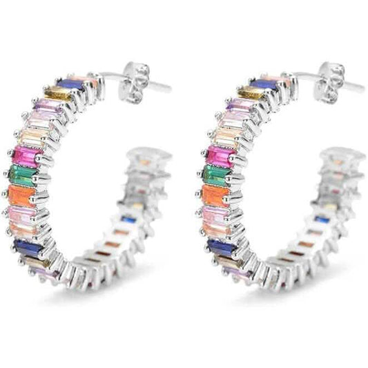 14K Gold Plated Cubic Zirconia Multicolor Rainbow Round Hoop Stud Earrings DailySale