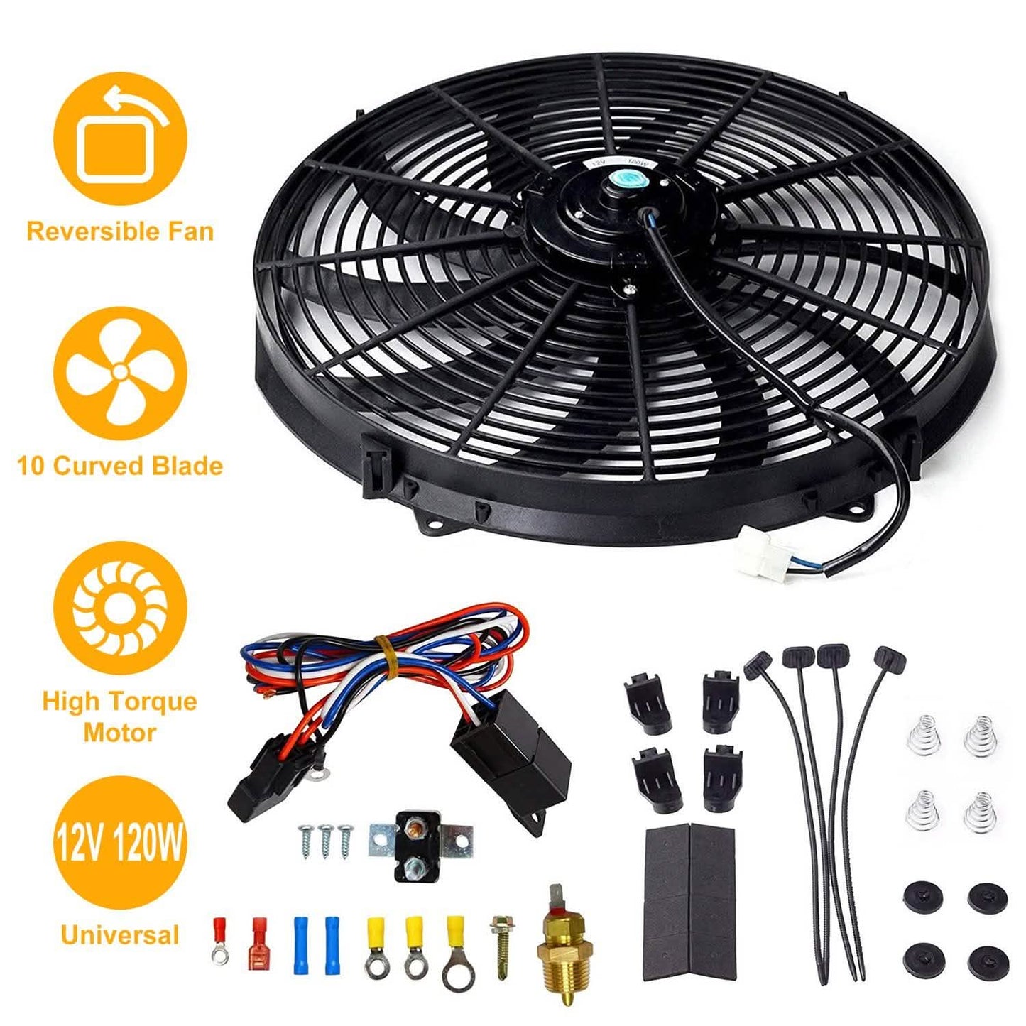 16" Electric Radiator Cooling Fan 12V 120W 10 Blades Car Thermostat Kit DailySale