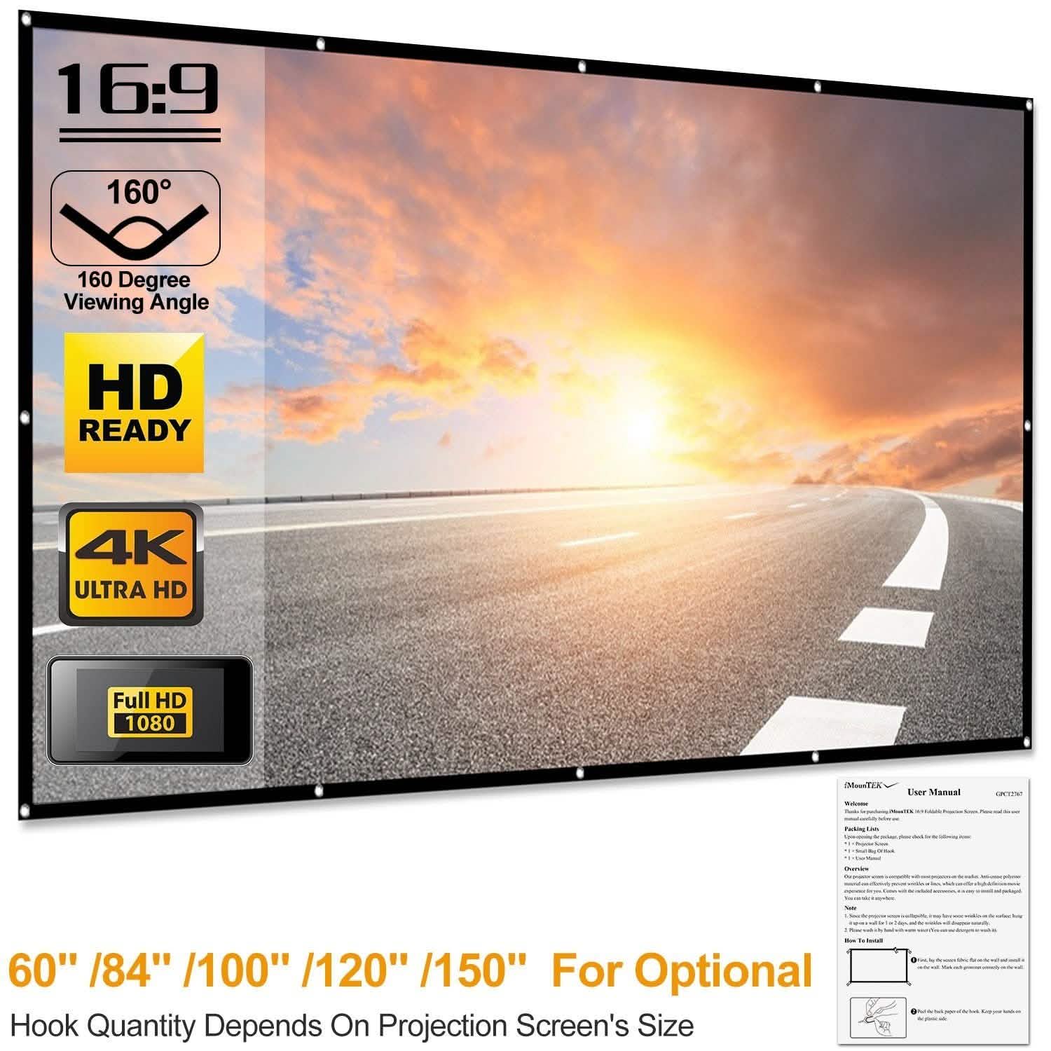16:9 Foldable Projector Screen Anti-Crease Wall Mounted DailySale