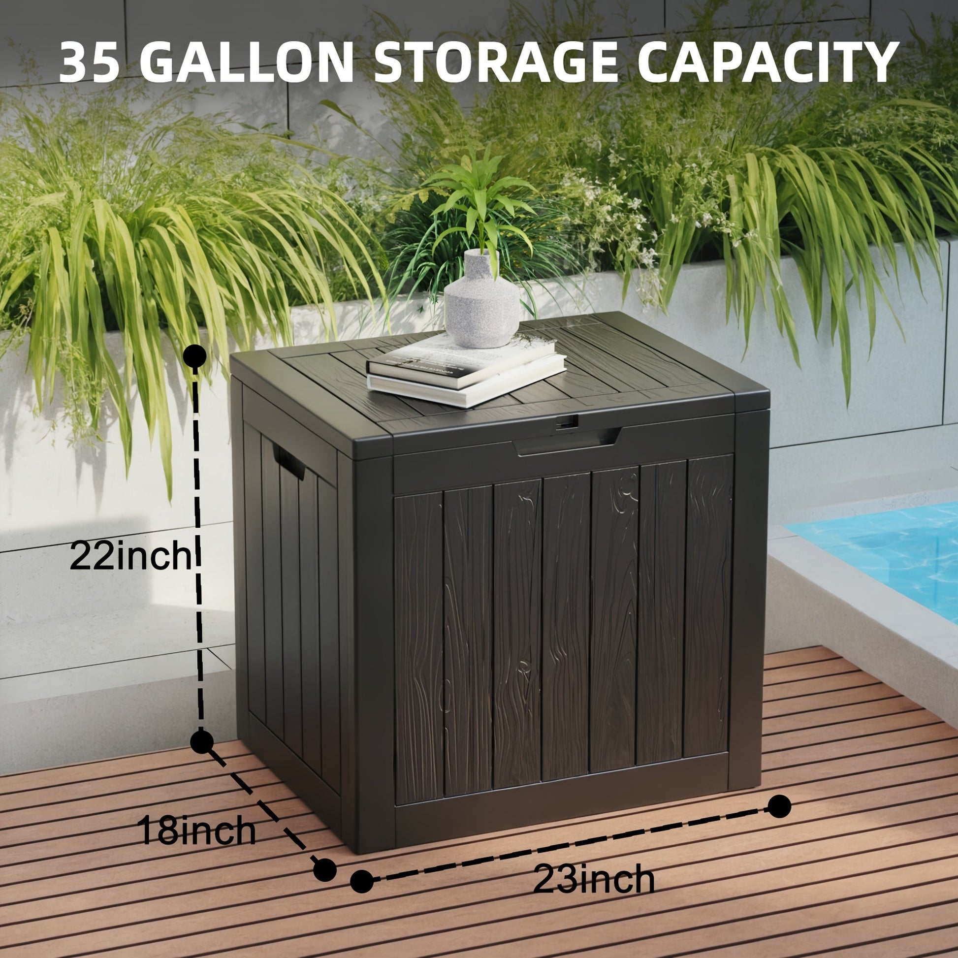 35 Gallon Outdoor Resin Storage Box – Black/Wood Grain DailySale