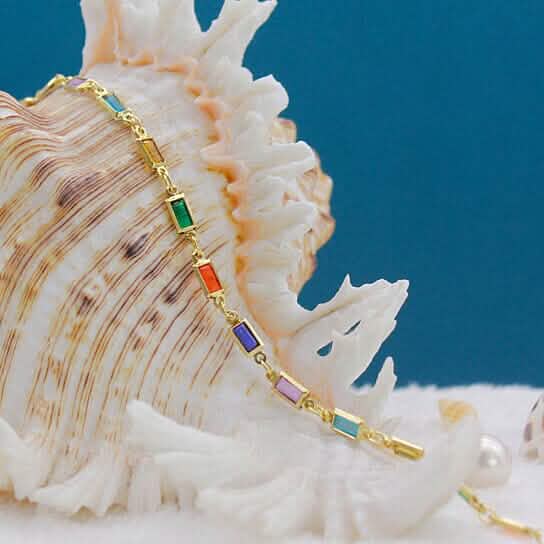 18k Gold Filled High Polish Finish Gold And Multi Color Dark Crystal Baguette Anklet DailySale