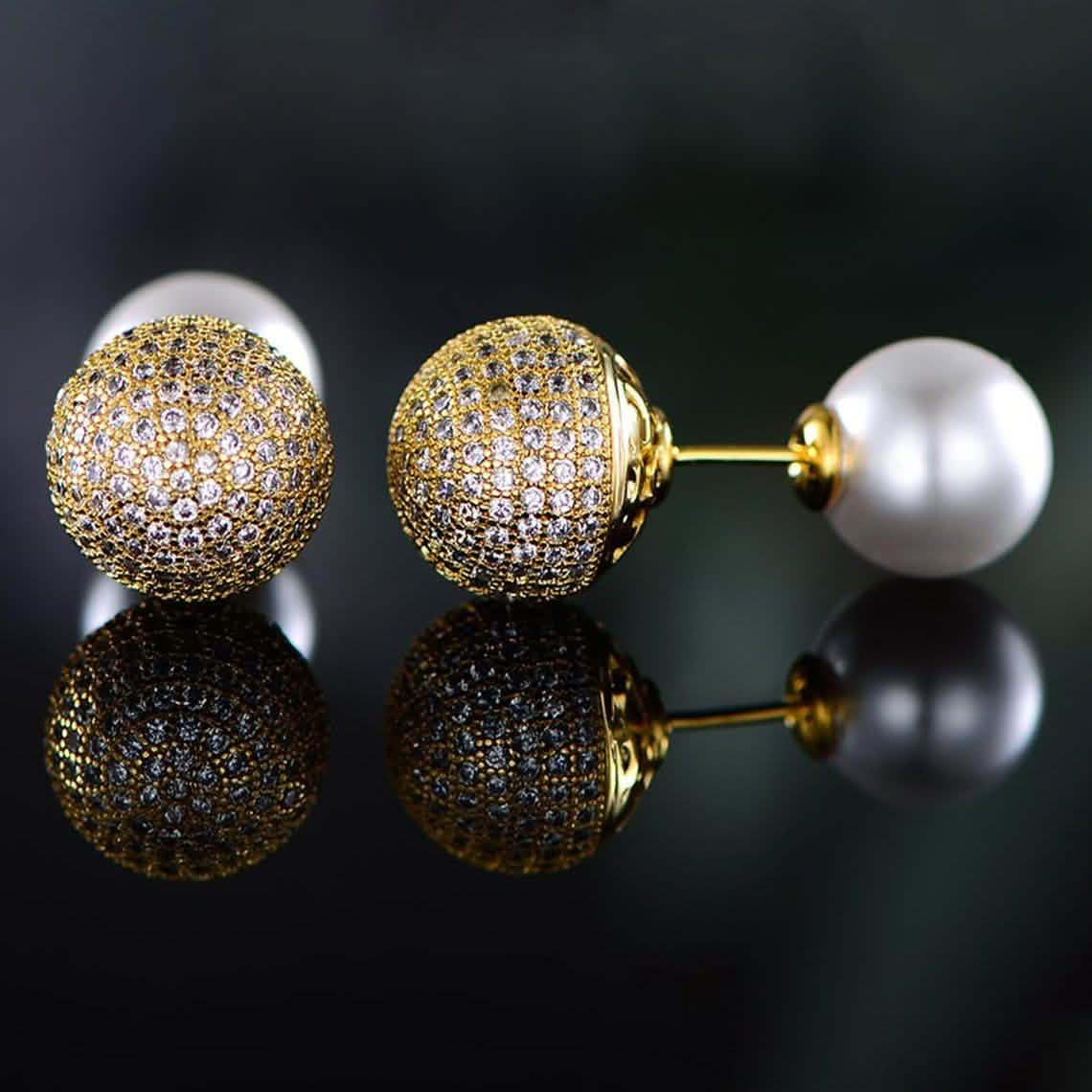 18K Gold Plated Pearl and Swarovski Crystal Ball Front-Back Earrings DailySale