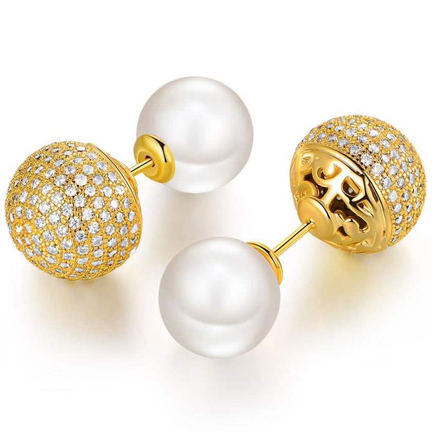 18K Gold Plated Pearl and Swarovski Crystal Ball Front-Back Earrings DailySale