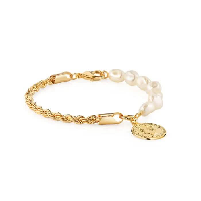 18K Gold Rope and Pearl Bracelet with Coin Charm 8" DailySale