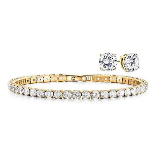 18K Gold Round Cut Tennis Bracelet and Studs Set DailySale
