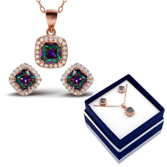 18K Rose Gold Over Sterling Silver Rainbow Topaz Halo Necklace and Earrings DailySale