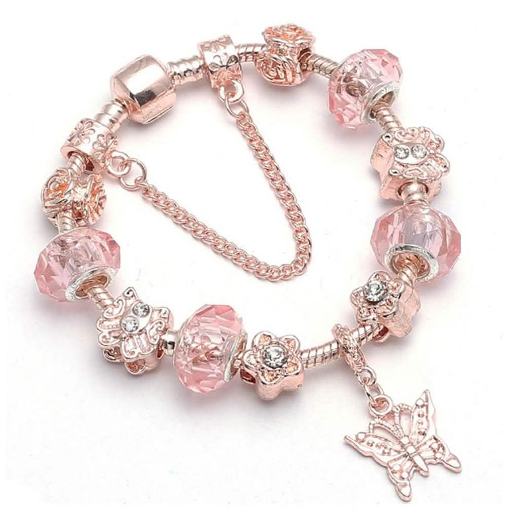 18K Rose Gold Plated Pink Crystal Butterfly Charm Bracelet w/ Swarovski Elements DailySale