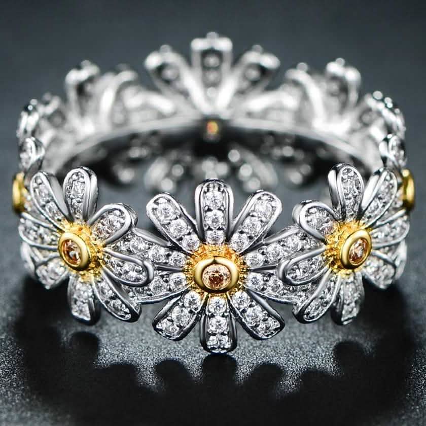 18K White Gold Plated Floral Sunflower Ring Made with Swarovski Crystals DailySale