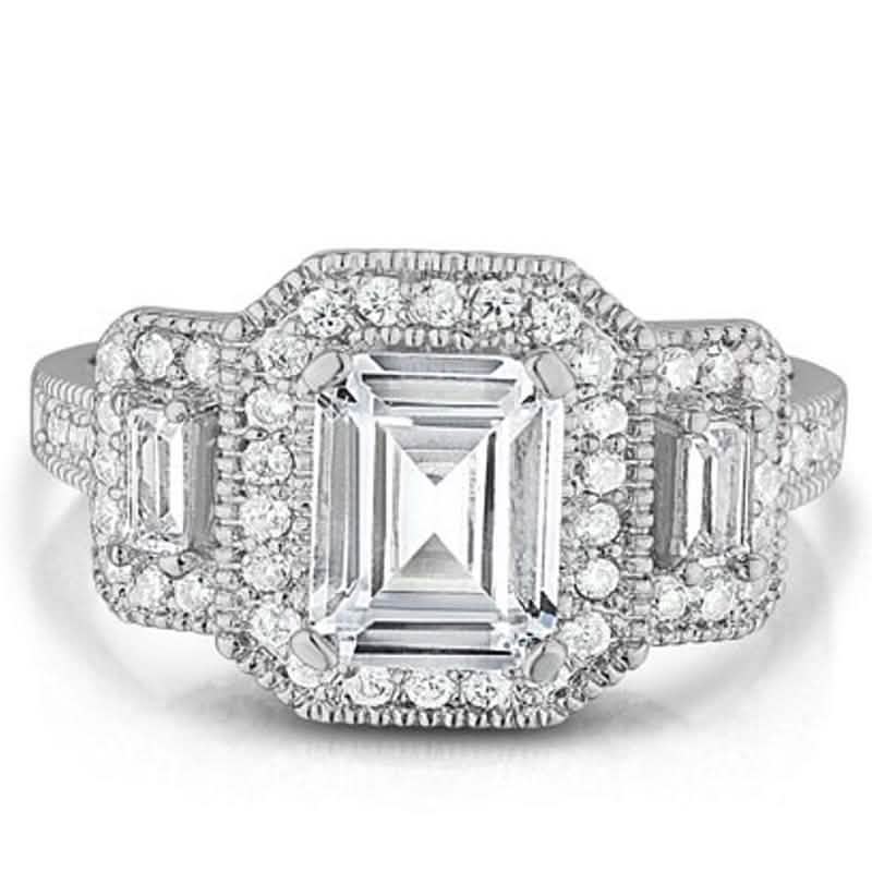 18k White Gold Tri Stone Emerald Cut Cubic Zirconia Ring DailySale