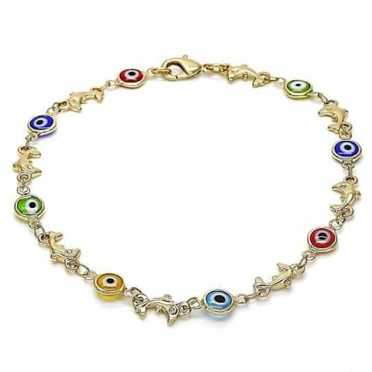 18k Women's Gold Filled High Polish Finish Dolphin Multi-color Evil Eye Lobster Clasp Ankle Bracelet 10'' Inch DailySale