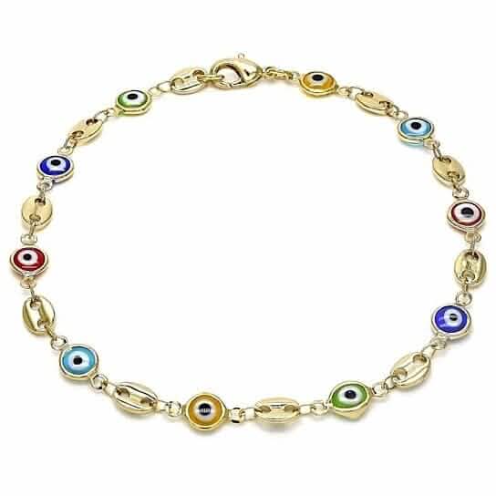 18k Women's Gold Filled High Polish Finish Mariner Marina- Multi-color Evil Eye Lobster Clasp Ankle Bracelet 10'' Inch DailySale