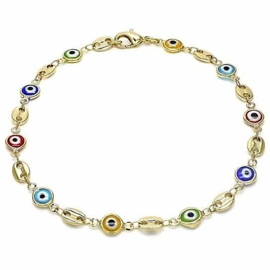 18k Women's Gold Filled High Polish Finish Mariner Marina- Multi-color Evil Eye Lobster Clasp Ankle Bracelet 10'' Inch DailySale