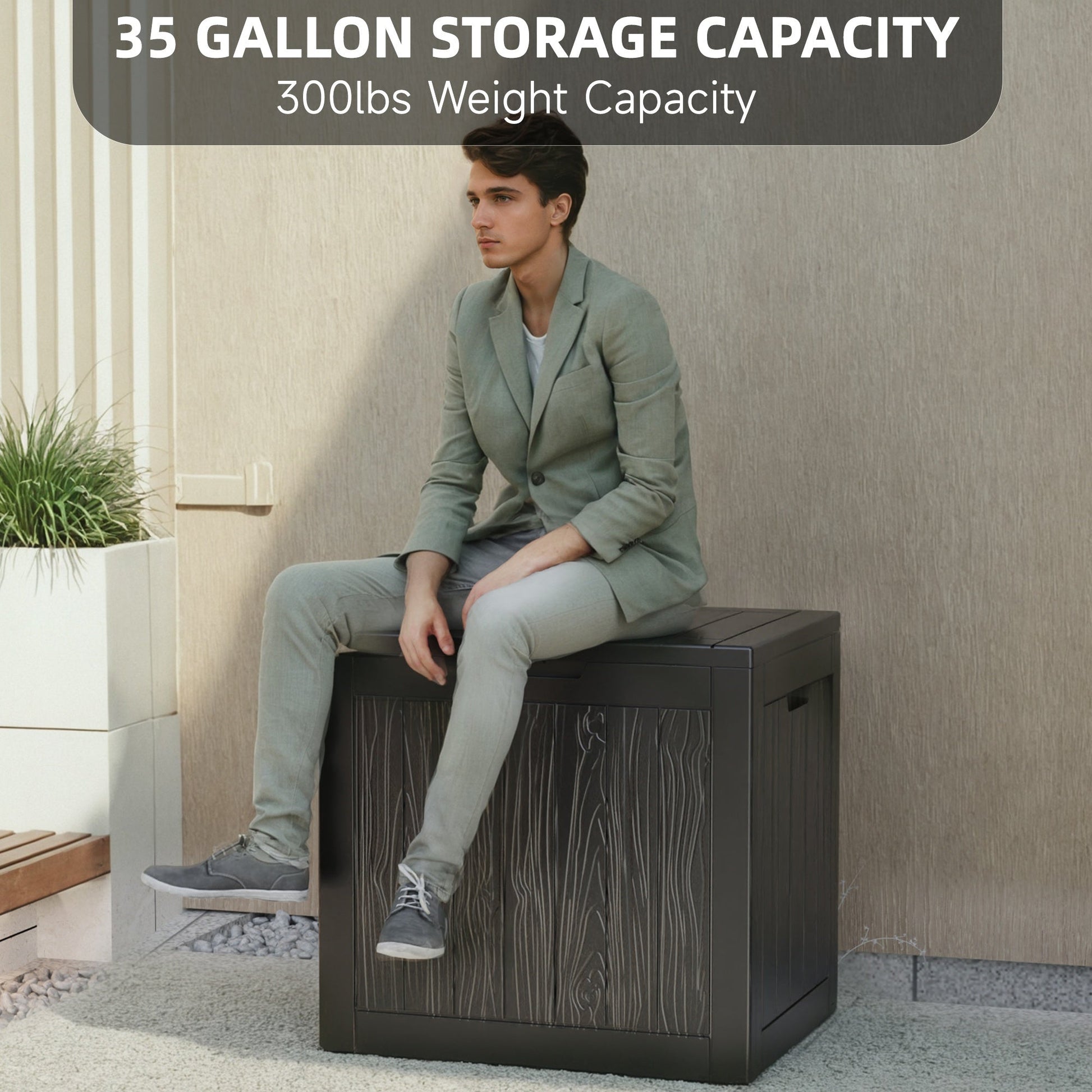 35 Gallon Outdoor Resin Storage Box – Black/Wood Grain DailySale