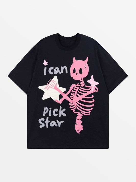 Close-up shot of the high-density skull and star print on heavyweight cotton