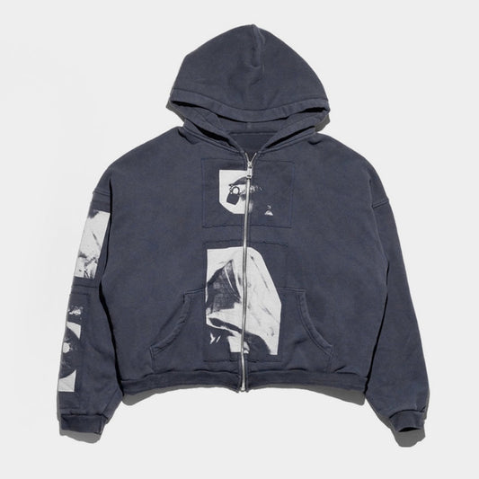 Washed Vintage Patch Graphic Hoodie - Distressed Zip-Up Streetwear | LuxuryUrbanwear - Luxuryurbanwear