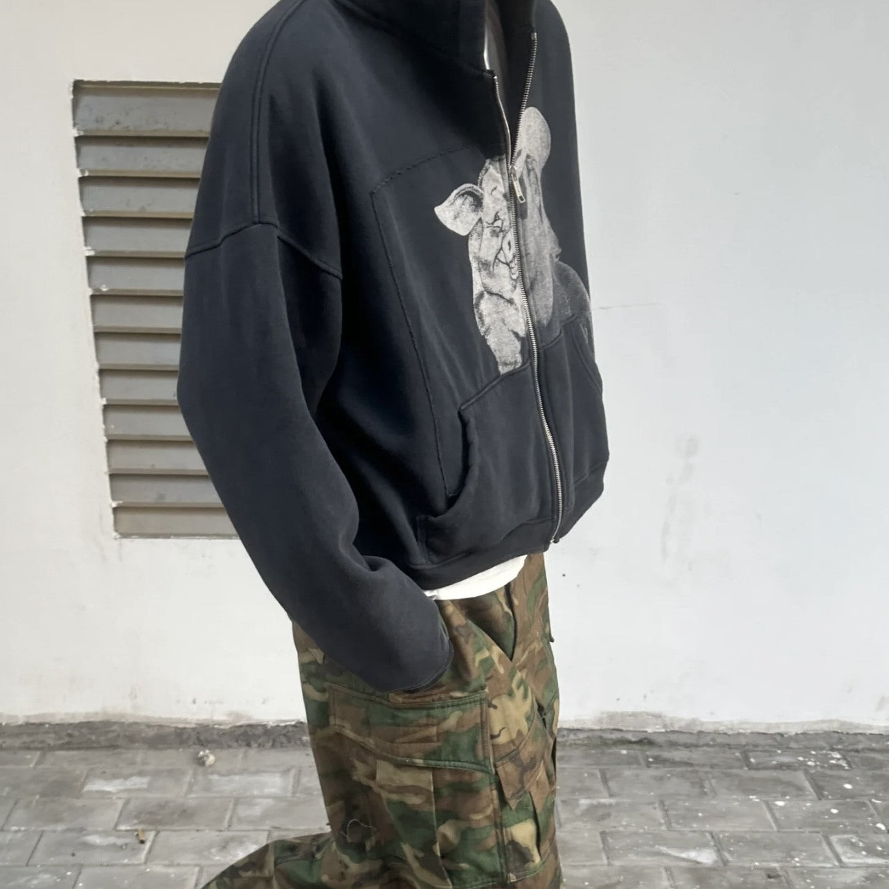 Cowboy Pig Graphic Oversized Hoodie - Vintage Zip-Up Streetwear | LuxuryUrbanwear - Luxuryurbanwear