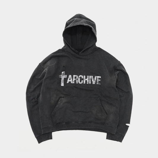 Heavyweight Distressed Washed Black Hoodie - Archive Style | LuxuryUrbanwear - Luxuryurbanwear